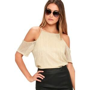 NWT Lulus Hustle Gold Metallic Shimmer Apron Neckline Off the Shoulder Top Sz M